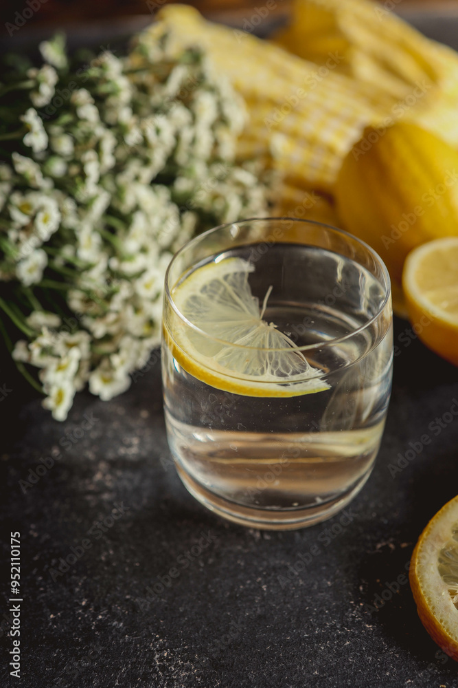 Cool freshly made lemonade in glass on wooden table. Space for text Cool freshly made lemonade in glass on wooden table. Space for text