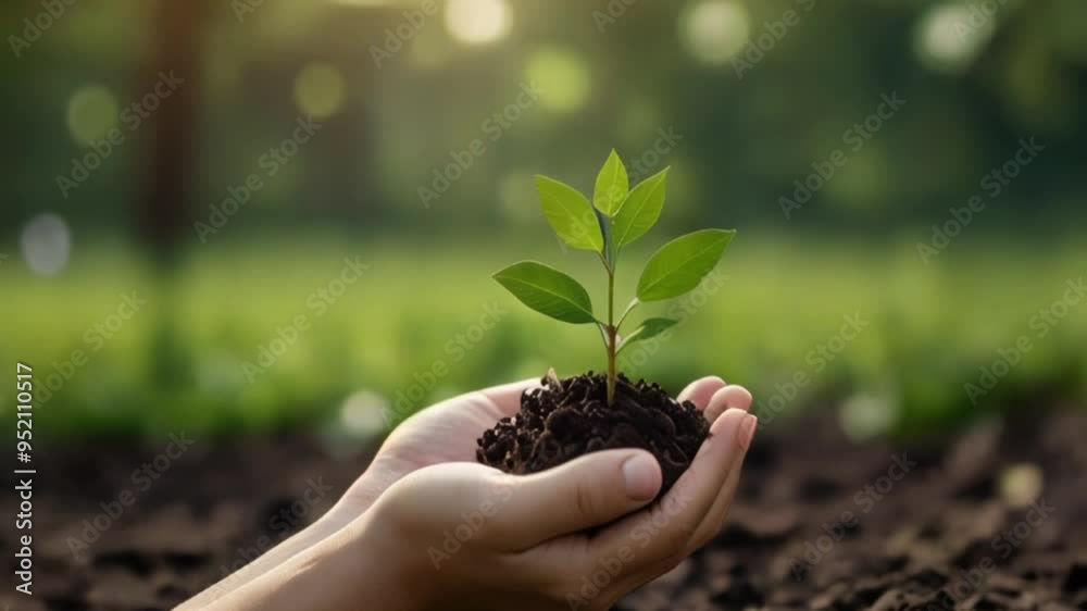 Female hand holding young tree seedling on nature field with green bokeh background Female hand holding young tree seedling on nature field with green bokeh background