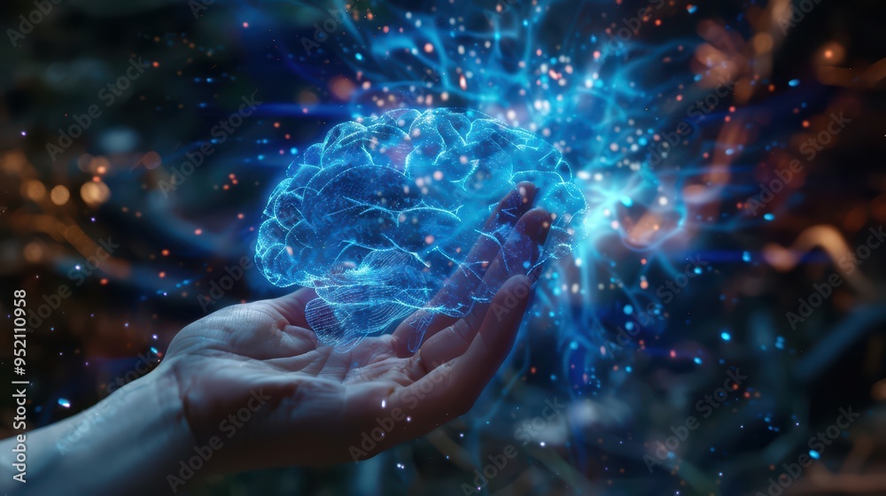 A glowing blue brain emerges from a hand, symbolizing creativity, intelligence, and the power of the mind in a mystical setting. A glowing blue brain emerges from a hand, symbolizing creativity, intelligence, and the power of the mind in a mystical setting.