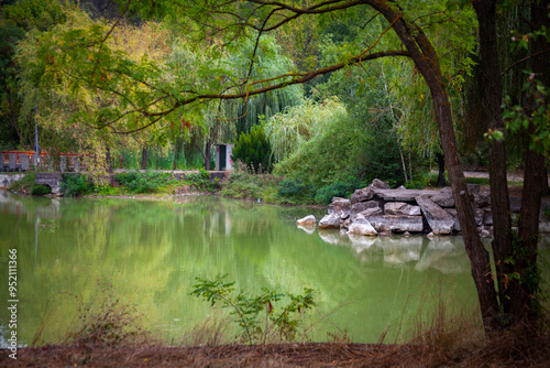 Obraz na płótnie Landscape view from little lake in Bulgaria, Borovo oko, city Targovishe w salonie