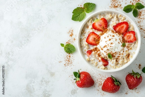 Oatmeal with Strawberries, Cream, and Cinnamon