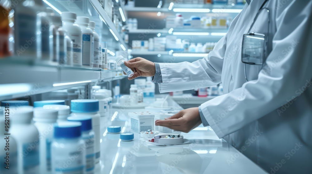 A pharmacist organizing medication on a shelf in a modern pharmacy setting, showcasing professionalism and attention to detail. A pharmacist organizing medication on a shelf in a modern pharmacy setting, showcasing professionalism and attention to detail.