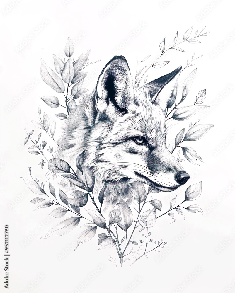 Elegant black and white sketch of a fox surrounded by delicate foliage on a white background. Elegant black and white sketch of a fox surrounded by delicate foliage on a white background.