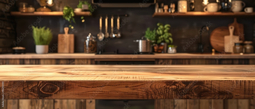 A rustic kitchen featuring wooden countertops, shelves filled with pots, plants, and cooking tools, creating a warm, inviting atmosphere. A rustic kitchen featuring wooden countertops, shelves filled with pots, plants, and cooking tools, creating a warm, inviting atmosphere.