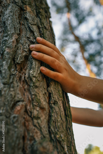 Close-up of a child's hand gently touching the rough bark of a tree trunk in a serene forest setting