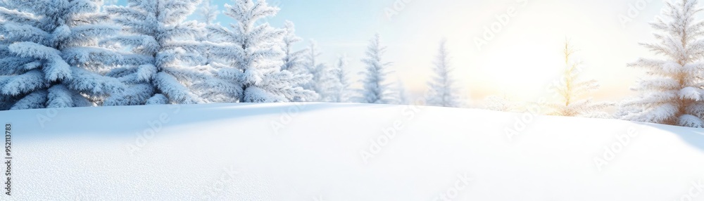 Snow-covered trees in the morning light, fresh snow sparkling under the rising sun, peaceful winter dawn Snow-covered trees in the morning light, fresh snow sparkling under the rising sun, peaceful winter dawn