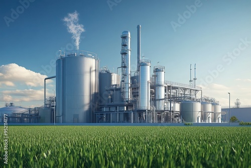 Industrial Plant with Smoke Stack and Green Field