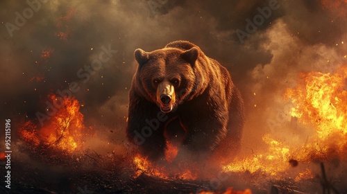 Amidst a fiery landscape, an angry bear charges through the smoke, capturing the relentless power of the wild. photo