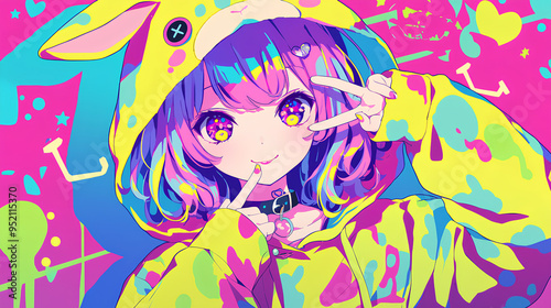 cute rabbit character wearing anime onesie costume, anime style, cute kawaii, simple, smiling happy. neon psychedelic background