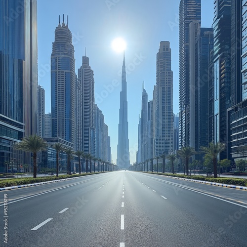 Pristine Empty Road Through Modern Cityscape at Morning Light