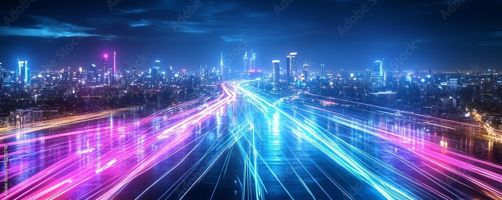 Urban cityscape at night with neon lights reflecting on wet streets, capturing the vibrant energy of city nightlife, night photography Urban cityscape at night with neon lights reflecting on wet streets, capturing the vibrant energy of city nightlife, night photography
