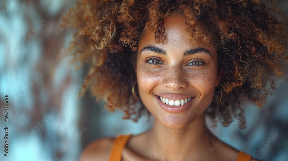 Close-up portrait of a young black woman with natural curly hair and radiant smile. Her joyful expression and glowing skin exude confidence and positivity.
