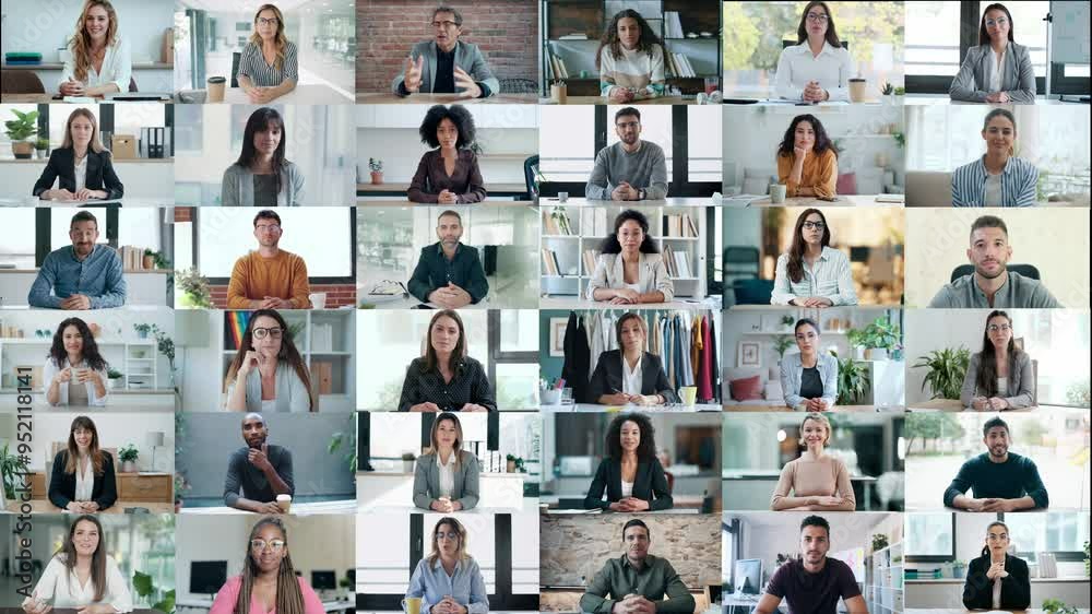 Video of headshot screen application view of diverse employees doing a video call while talking in video conference. 
