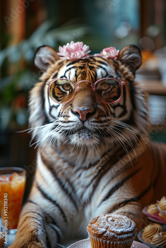 A tiger wearing glasses and a floral crown, sitting at a table with pastries. Anthropomorphic animal fashion concept in a whimsical setting. photo