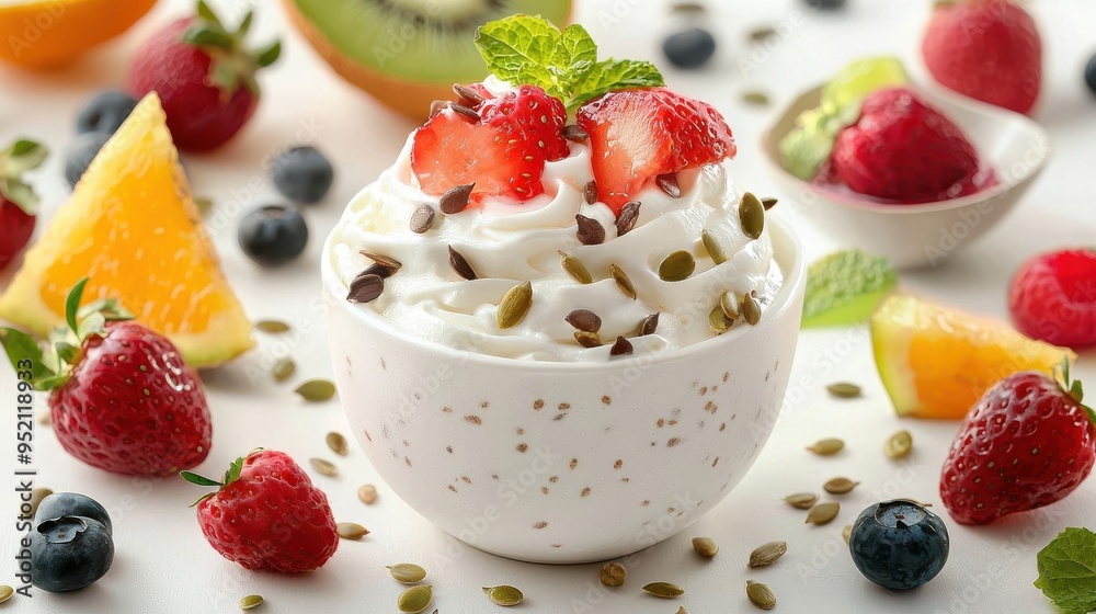 A serving of Greek yogurt topped with fresh fruits and seeds A serving of Greek yogurt topped with fresh fruits and seeds