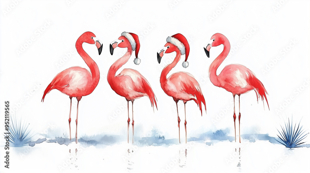 Obraz premium Four watercolor flamingos on a white background. Two flamingos are wearing Santa Claus hats. A tropical new Year.