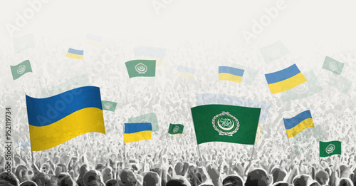People waving flag of Arab League and Ukraine, symbolizing Arab League solidarity for Ukraine.