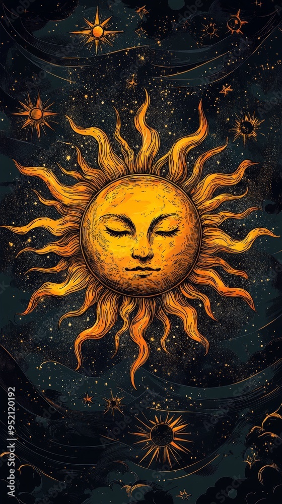 Fototapeta premium Mystical Zodiac Poster with Golden Sun and Zodiac Symbols