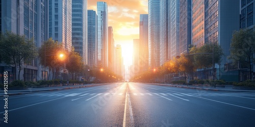 Pristine Empty Road Through Modern Cityscape at Morning Light