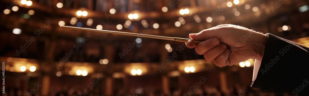 A hand holds a conductor's baton against the background of the orchestra hall A hand holds a conductor's baton against the background of the orchestra hall