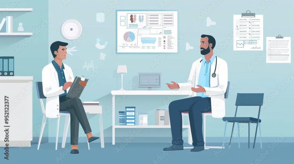 Two medical professionals in a consultation, discussing patient care in a modern healthcare setting. Two medical professionals in a consultation, discussing patient care in a modern healthcare setting.