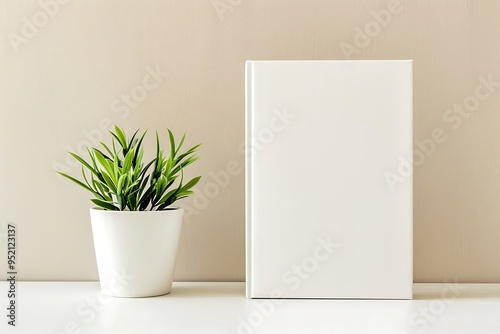 White Book and Potted Plant on a White Surface