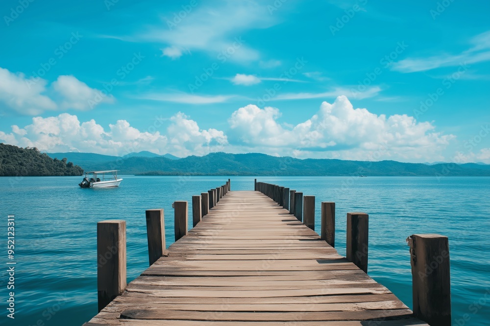 Obraz premium A picturesque shot of a wooden dock stretching into a tranquil blue lake under a sky dotted with fluffy white clouds.