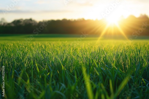 The beauty of a serene sunset over a lush green field with the sun's rays illuminating the scene.