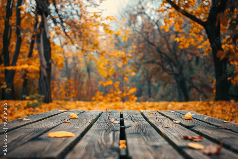 A striking empty wooden table with a background of yellow spring leaves, perfect for presenting products and merchandise in the beauty, cosmetics, and more. A striking empty wooden table with a background of yellow spring leaves, perfect for presenting products and merchandise in the beauty, cosmetics, and more.