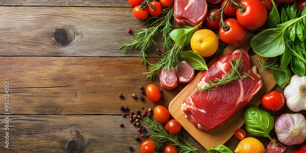 Various fresh vegetables and raw meat displayed on a wooden board, highlighting ingredients for a wholesome meal. Various fresh vegetables and raw meat displayed on a wooden board, highlighting ingredients for a wholesome meal.