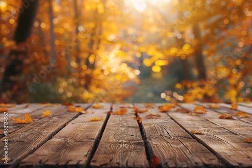 A striking empty wooden table with a background of yellow spring leaves, perfect for presenting products and merchandise in the beauty, cosmetics, and more.