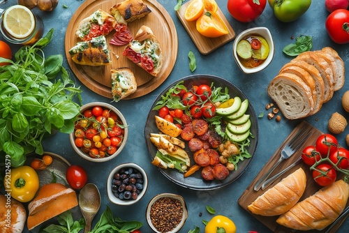 Wallpaper Mural Mediterranean-style assortment of dishes including breads, vegetables, and garnishes arranged for a vibrant meal presentation. Torontodigital.ca