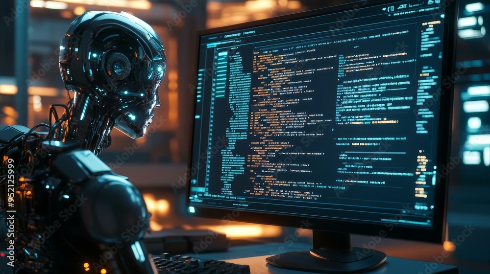 Futuristic Robot Engaged in Coding: Exploring the Intersection of Technology and Artificial Intelligence Futuristic Robot Engaged in Coding: Exploring the Intersection of Technology and Artificial Intelligence