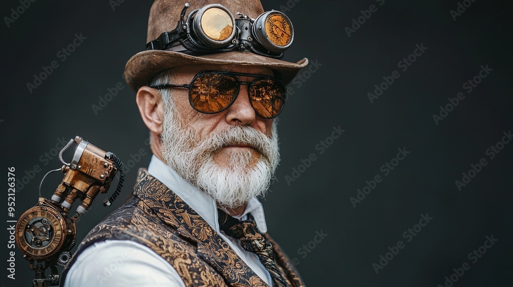 Naklejka premium Victorian gentleman with a steam-powered arm and intricate gadgets