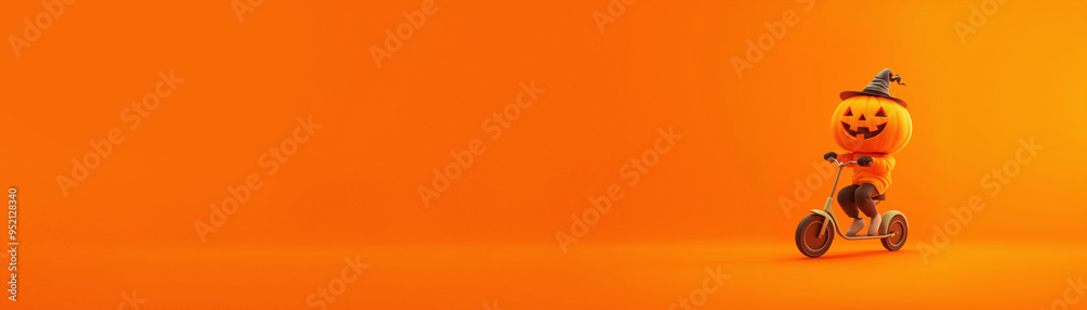 Halloween jack-o'-lantern wearing hat,  riding a scooter on an orange background. 