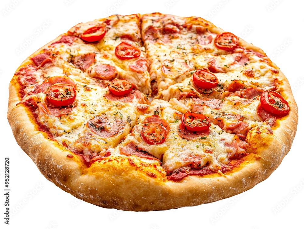 Delicious pizza topped with fresh tomatoes and cheese ready to eat, transparent Delicious pizza topped with fresh tomatoes and cheese ready to eat, transparent