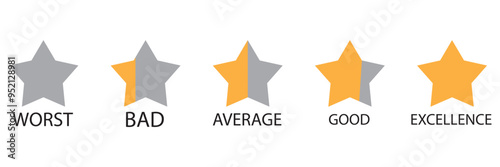 Rating star set for customer feedback or product experience with bad poor average good and excellent text. Five-star rating scale. Vector illustration.