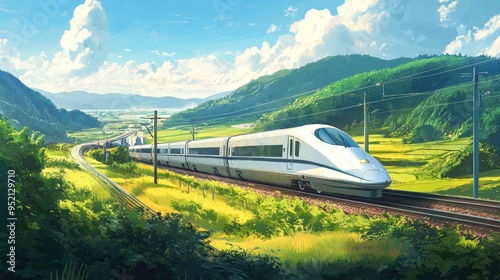 Cutting through the green countryside, a modern bullet train showcases the balance of speed and environmental harmony. photo