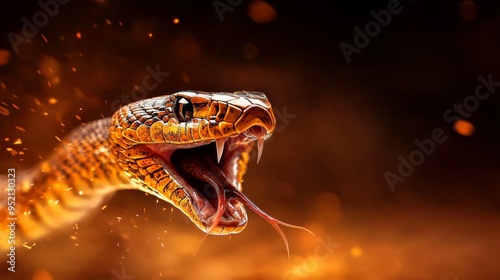 A close-up of a fierce snake in a dramatic, fiery background, showcasing its texture and powerful presence.