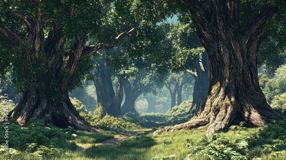 Fototapeta premium A beautiful fairytale enchanted forest with big trees and great vegetation 