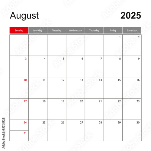 Wall calendar template for August 2025. Holiday and event planner, week starts on Sunday.