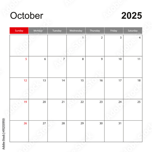 Wall calendar template for October 2025. Holiday and event planner, week starts on Sunday.