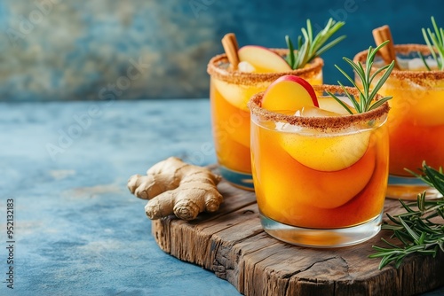 Autumn apple mocktail with cinnamon, ginger, and rosemary in glasses on a rustic wooden table over a blue background