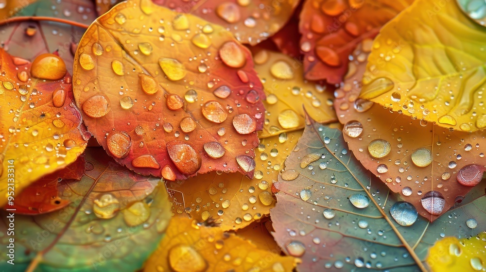 Autumn leaves with water droplets, showcasing vibrant colors and textures Autumn leaves with water droplets, showcasing vibrant colors and textures