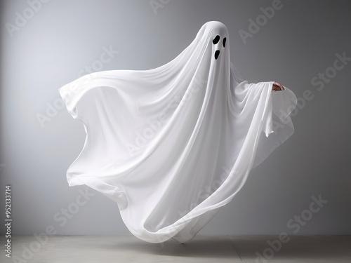 Mid-air floating Halloween spirit draped in white cloth, isolated seamlessly on white background.