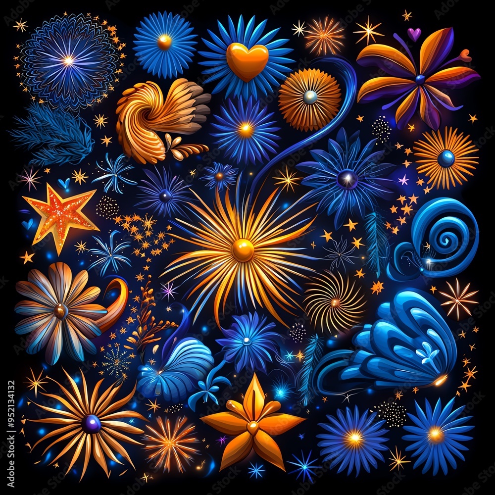 Colorful abstract design featuring vibrant stars and flowers in blue and orange tones. Perfect for digital projects and backgrounds. Colorful abstract design featuring vibrant stars and flowers in blue and orange tones. Perfect for digital projects and backgrounds.