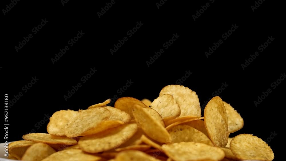 potato chips falling in bowl isolated on black background smooth fast food video potato chips falling in bowl isolated on black background smooth fast food video
