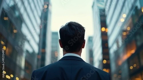 rear view young male entreprenuer suit looking at skyscrapers urban twilight success inspiration motivation business ceo smooth zoom in camera movement video