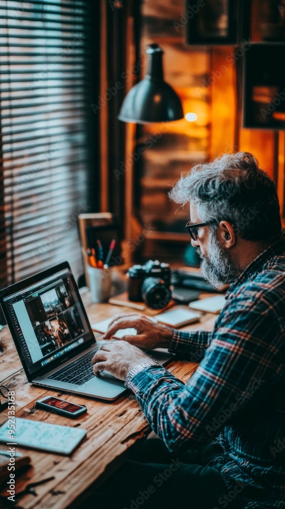 Fototapeta premium A creative professional working on a laptop in a cozy, well-lit workspace, surrounded by photography gear and a vibrant atmosphere.