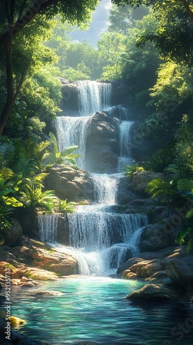 Tropical paradise featuring a waterfall and serene, clear waters wallpaper